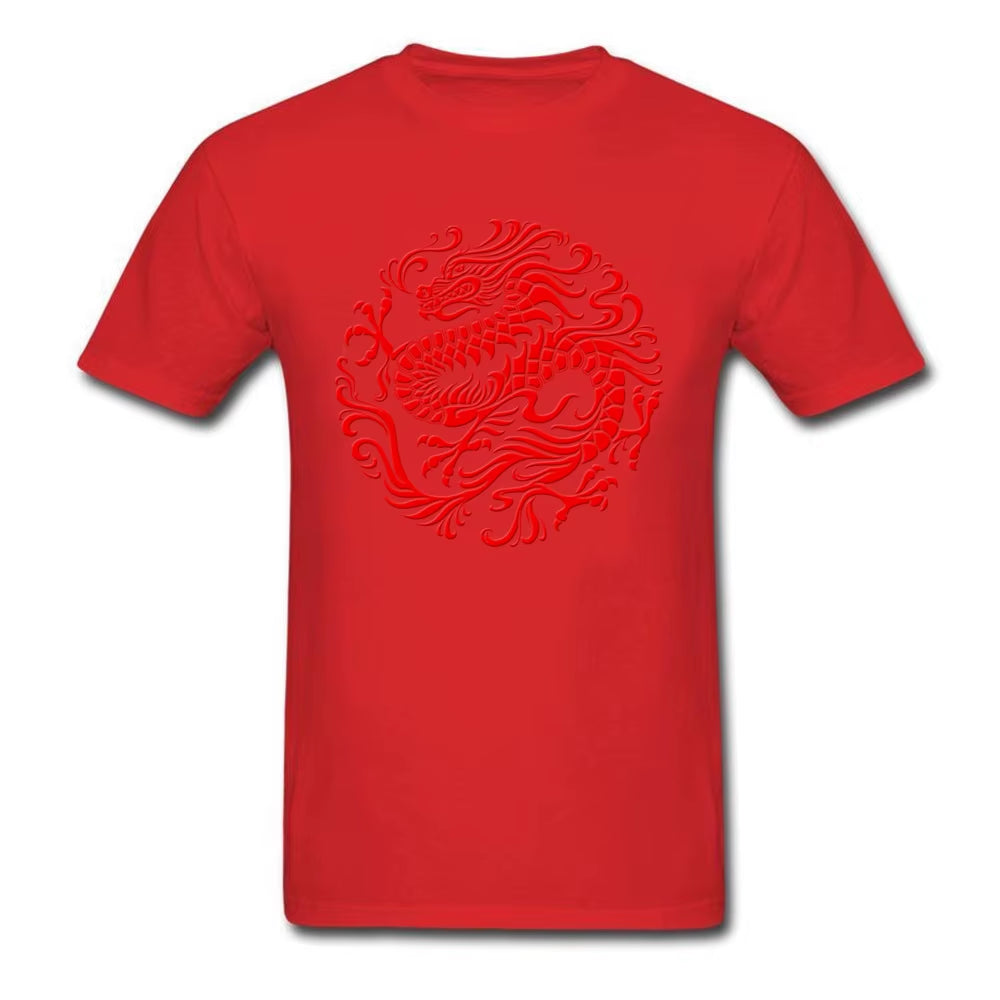 Fitted T-Shirt Men Tops Traditional Red T Shirt Chinese Dragon Circle Tshirts Print Clothes Summer round Collar 100% Cotton Tees