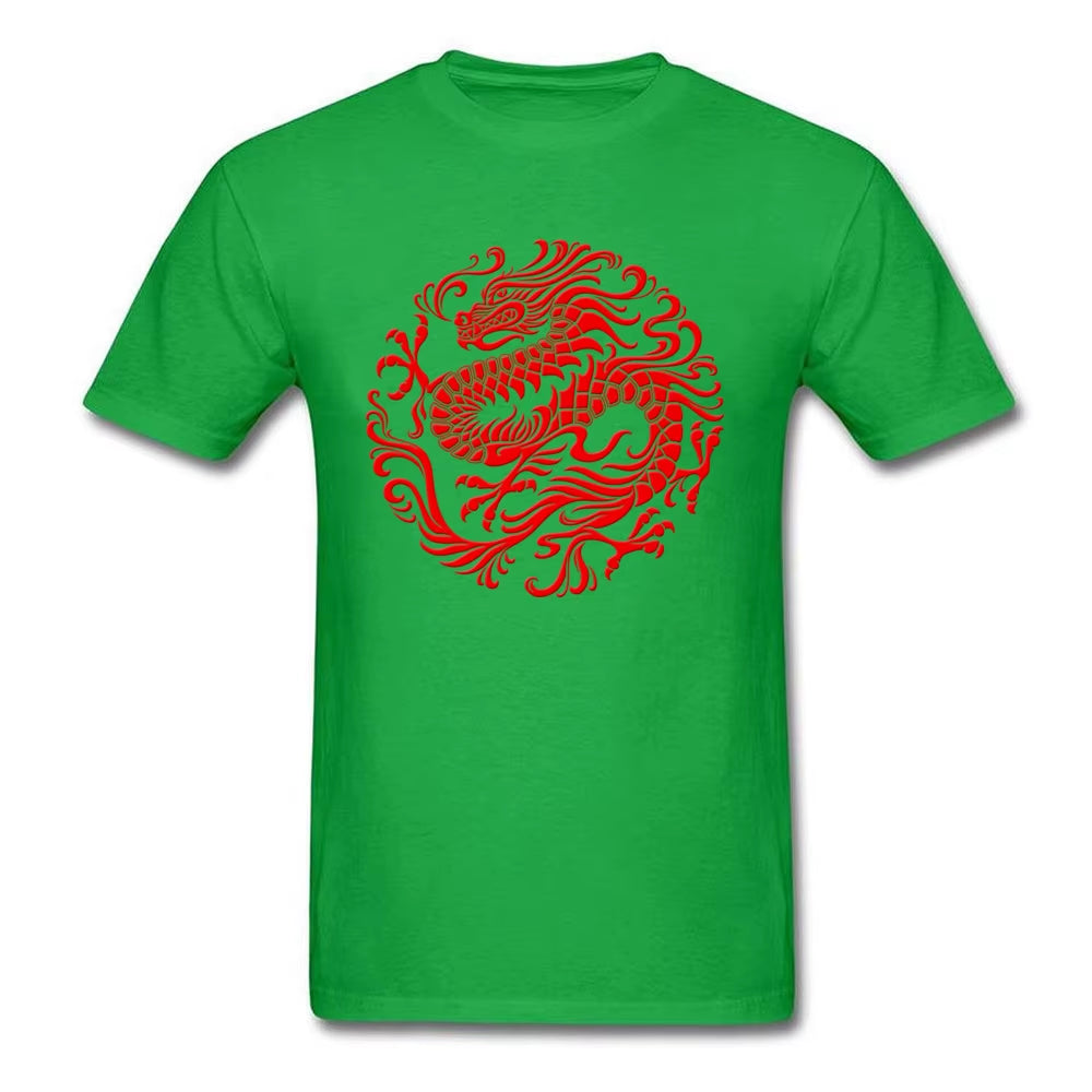 Fitted T-Shirt Men Tops Traditional Red T Shirt Chinese Dragon Circle Tshirts Print Clothes Summer round Collar 100% Cotton Tees