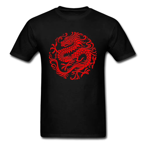 Fitted T-Shirt Men Tops Traditional Red T Shirt Chinese Dragon Circle Tshirts Print Clothes Summer round Collar 100% Cotton Tees