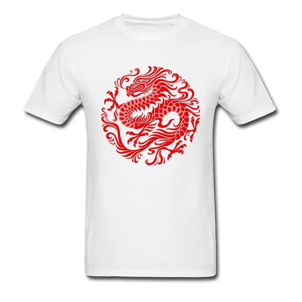Fitted T-Shirt Men Tops Traditional Red T Shirt Chinese Dragon Circle Tshirts Print Clothes Summer round Collar 100% Cotton Tees